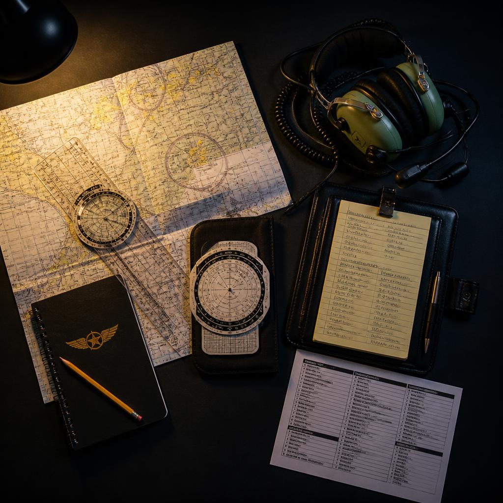 Briefing table flat lay with chart, plotter, kneeboard, and headset