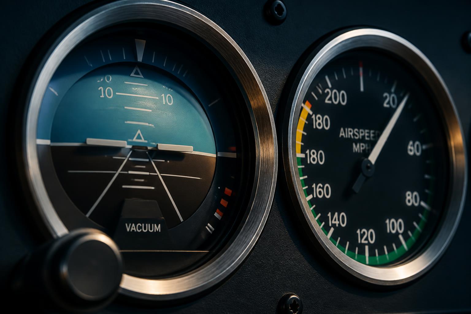 Close-up of analog attitude and airspeed instruments